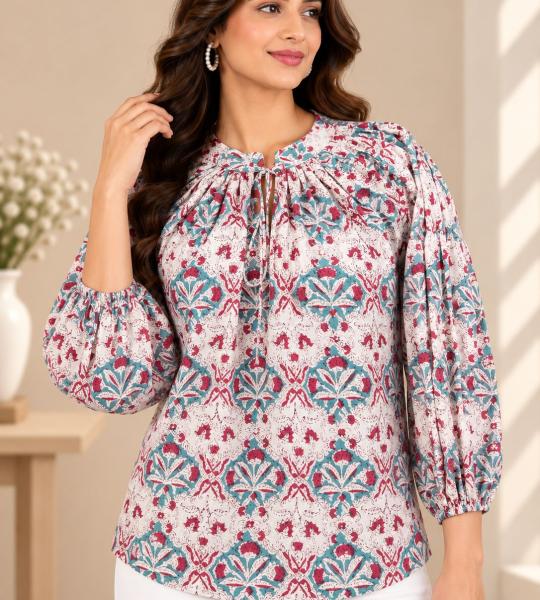 Women’s Floral Printed Top | Round Neck Balloon Sleeve Blouse | Casual Boho Tunic Top