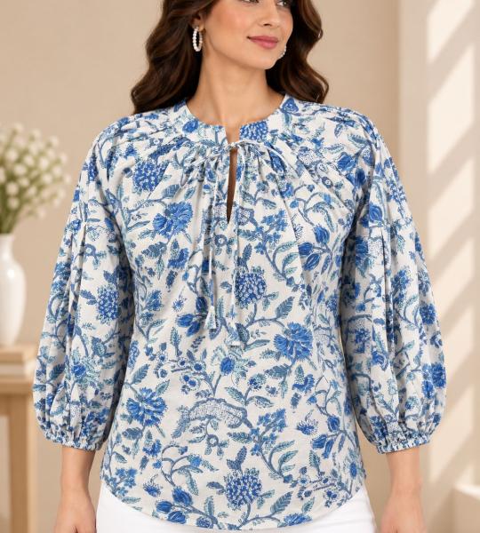 Blue Floral Printed Top for Women | Balloon Sleeve Blouse with Tie Neck | Casual Boho Top