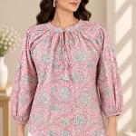 Pink Floral Printed Top for Women | Puff Sleeve Blouse with Tie Neck | Elegant Casual & Office Wear Top