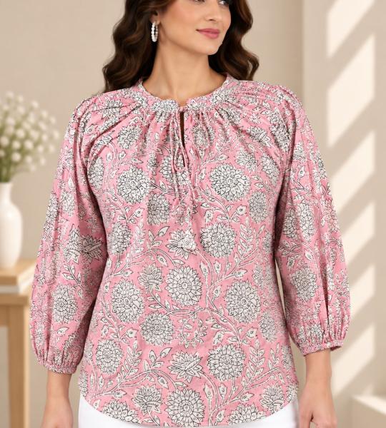 Pink Floral Printed Top for Women | Puff Sleeve Blouse with Tie Neck | Elegant Casual & Office Wear Top