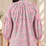 Pink Floral Printed Top for Women | Puff Sleeve Blouse with Tie Neck | Elegant Casual & Office Wear Top