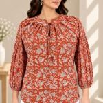 Rust Orange Floral Printed Top for Women | Tie Neck Puff Sleeve Blouse | Casual & Office Wear