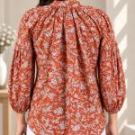 Rust Orange Floral Printed Top for Women | Tie Neck Puff Sleeve Blouse | Casual & Office Wear