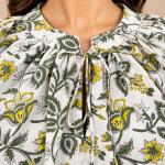 Green & Yellow Floral Printed Top for Women | Tie Neck Puff Sleeve Blouse | Casual & Office Wear