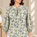Green & Yellow Floral Printed Top for Women | Tie Neck Puff Sleeve Blouse | Casual & Office Wear