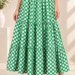 Green & White Polka Dot Tiered Maxi Skirt for Women | Flowy Long Skirt with Elastic Waist & Drawstring