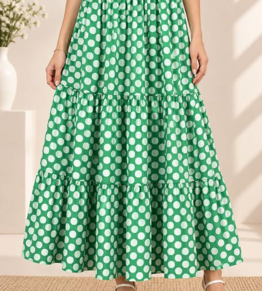Green & White Polka Dot Tiered Maxi Skirt for Women | Flowy Long Skirt with Elastic Waist & Drawstring