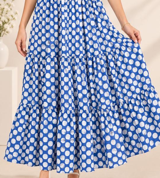 Royal Blue Polka Dot Maxi Skirt for Women | Tiered Flared Long Skirt | Casual Summer & Vacation Wear