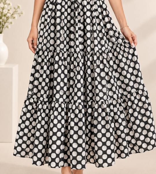 Black & White Polka Dot Maxi Skirt for Women | Tiered Flared Long Skirt | Casual & Vacation Wear