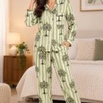 Green Floral Pajama Set for Women – Botanical Print Button-Down Sleepwear with Matching Pants