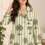 Women’s Green Striped Palm Print Cotton Pajama Set