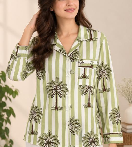 Women’s Green Striped Palm Print Cotton Pajama Set
