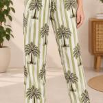 Women’s Green Striped Palm Print Cotton Pajama Set
