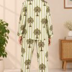 Women’s Green Striped Palm Print Cotton Pajama Set