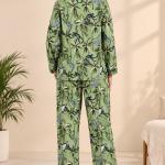 Women’s Green Printed Pajama Set | Full Sleeve Button-Down Night Suit