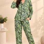 Green Floral Pajama Set for Women – Botanical Print Button-Down Sleepwear with Matching Pants