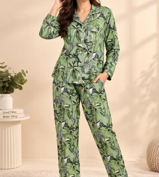 Women’s Green Printed Pajama Set | Full Sleeve Button-Down Night Suit