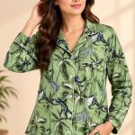Women’s Green Printed Pajama Set | Full Sleeve Button-Down Night Suit