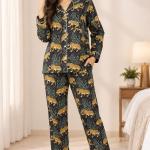 Women's Leopard Print Pajama Set – Black and Gold Button-Down Long Sleeve Sleepwear