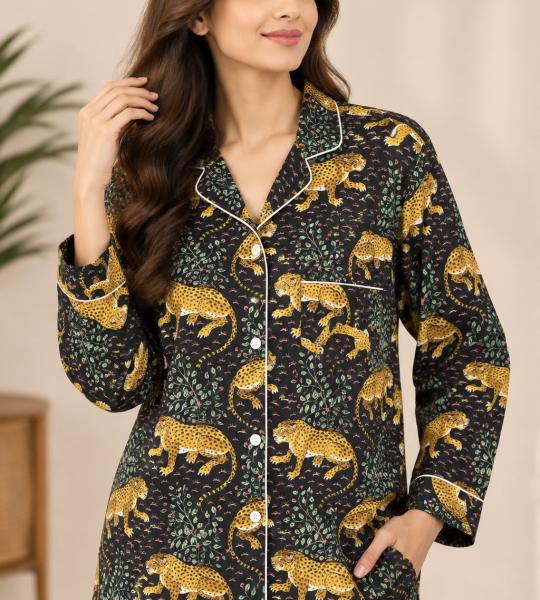Women's Leopard Print Pajama Set – Black and Gold Button-Down Long Sleeve Sleepwear