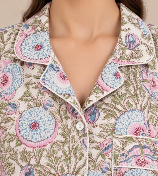 Floral Print Pajama Set for Women – Pink & Blue Button-Down Sleepwear with Matching Pants