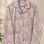 Floral Print Pajama Set for Women – Pink & Blue Button-Down Sleepwear with Matching Pants