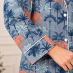 Elephant Print Pajama Set for Women – Blue Botanical Button-Down Sleepwear Shirt