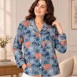 Elephant Print Pajama Set for Women – Blue Botanical Button-Down Sleepwear Shirt