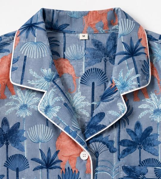 Elephant Print Pajama Set for Women – Blue Botanical Button-Down Sleepwear Shirt