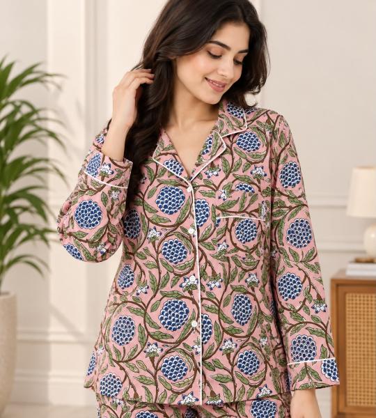 Pink Floral Pajama Set for Women – Blue Botanical Print Button-Down Sleepwear with Matching Pants