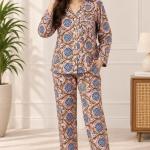 Pink Floral Pajama Set for Women – Blue Botanical Print Button-Down Sleepwear with Matching Pants