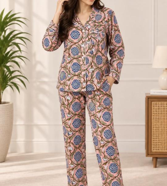 Pink Floral Pajama Set for Women – Blue Botanical Print Button-Down Sleepwear with Matching Pants
