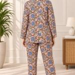Pink Floral Pajama Set for Women – Blue Botanical Print Button-Down Sleepwear with Matching Pants