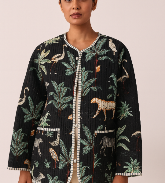 Handmade Green Cotton Floral Jacket with Pockets - Elegant Button-Up Vest